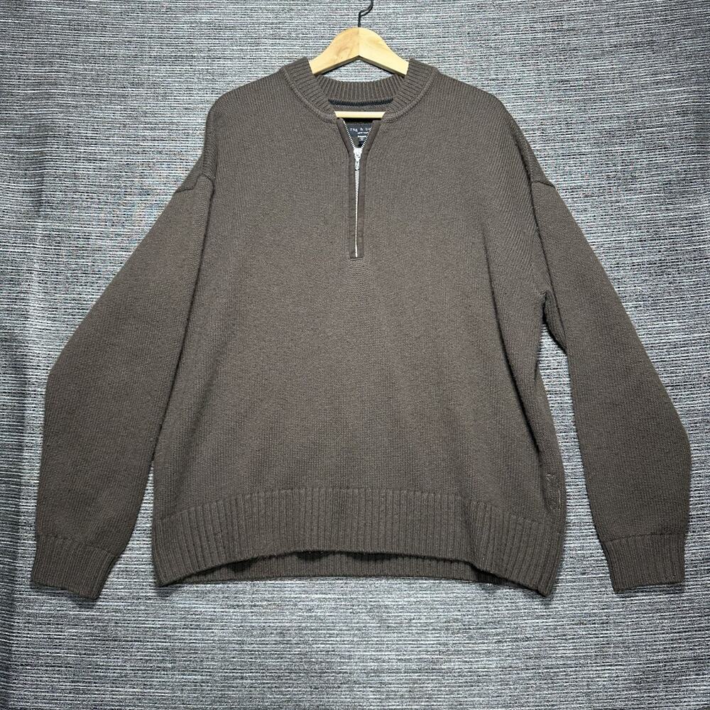 Rag & Bone Sweater Men's Large Brown 1/2 Zip Clarkson Wool Sheepskin Suede